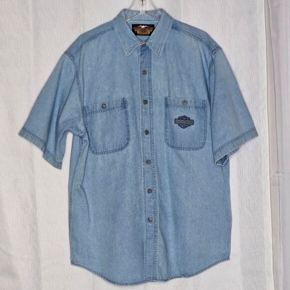 Harley-Davidson Vintage Big & Tall Short Sleeve Washed Denim Button Front Shirt - Picture 1 of 12